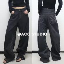 レトロキルティングデザインのランタンワイドデニムパンツ