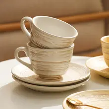 ヴィンテージスタイルの陶製コーヒーカップ＆ソーサー【高級感あるラテアート対応・家庭用】