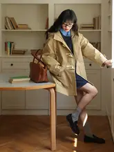ヴィンテージ風 フード付き中長丈コットンコート【ボタンデザイン・ゆったりシルエット・女性用】