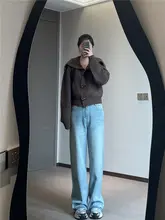 SELFSOLO デニムワイドパンツ【春用・浅い青・折り目デザイン】