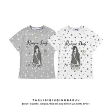二次元キャラクター印刷短袖Tシャツ【星柄・グレー・フィットデザイン】