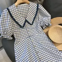 夏用大きいサイズ レディースチェック柄ワンピース【ブルー・ダブルカラー・長袖・体型カバー】（セットアップ対応）