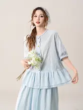 刺繍入りバタフライリボン付き半袖シャツとハイウエスト丈スカートの美しい コーディネート（セットアップ対応）