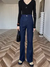 高腰デニムブーツカットパンツ【深青・テーパード・ワッシュ加工・伸縮性低】