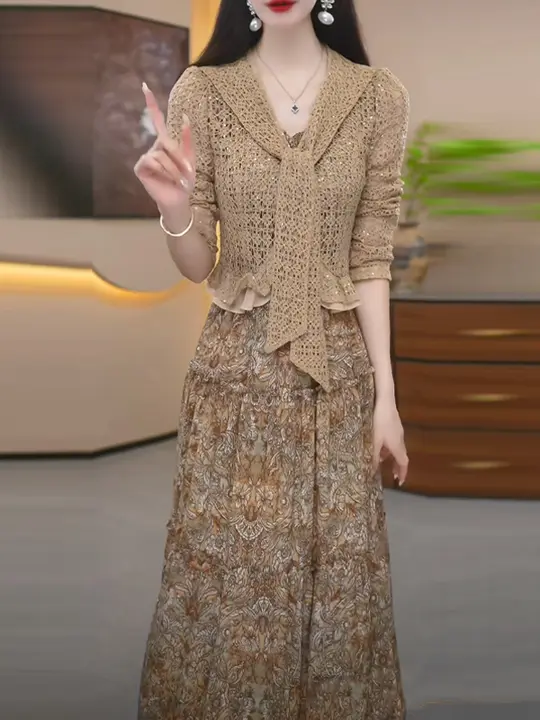 エレガントなプリントデザインのニットトップスとスカート【秋用・トレンドスタイル・二重構造】（セットアップ対応）