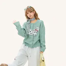可愛い犬の刺繍入りニットカーディガン【ゆったりした丸首・秋冬用・甘いスタイル】