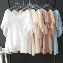 超薄手の透け感あるVネック不規則デザインのチュニック【シフォン・Aライン・ダンス用】