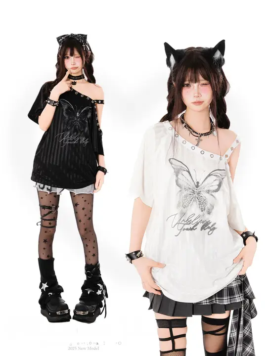 Tシャツ トップス レディース ワンショルダー ヴィンテージ サブカル ギャル系 着痩せ ルーズ UVカット 夏