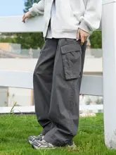 春秋用コットン製 メンズストレートパンツ【大口ポケット・ゆったり工装デザイン】