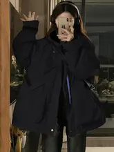 デザイン性のある厚手コットンジャケット【春秋用・ブラック・女性用・韓国風】