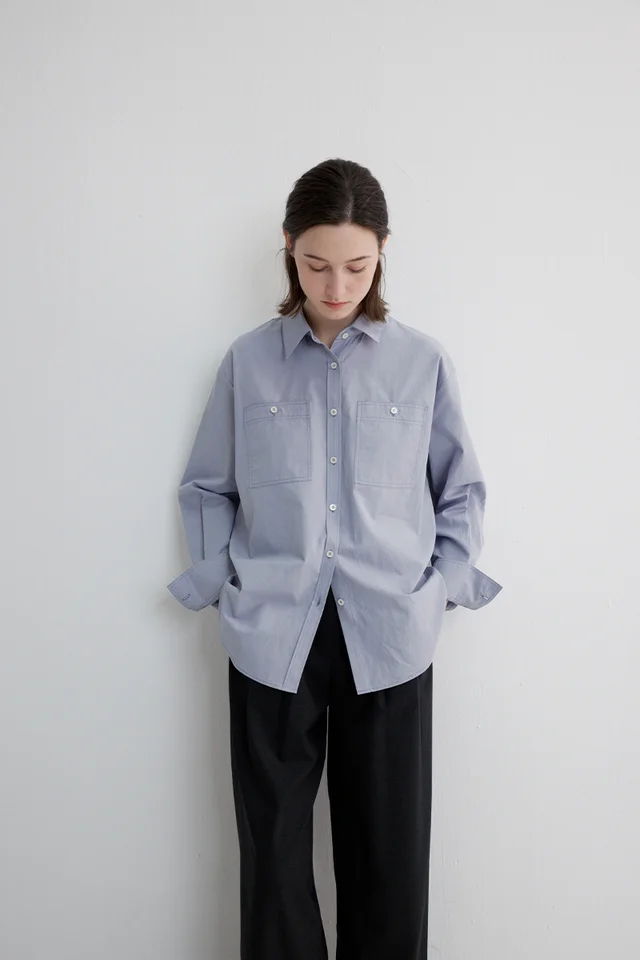 HABITS クラシックスタイル 麻混コットン長袖シャツ【ダブルポケット・翻領デザイン】