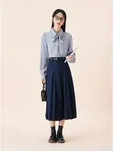 秋冬用 藏青色ハイウエスト百褶スカート【軽やかでビジネスシーンにも最適】
