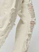 Simple Project 白色コットン製 ヴィンテージ感のあるダメージデザイン ストレートレッグカジュアルデニムパンツ