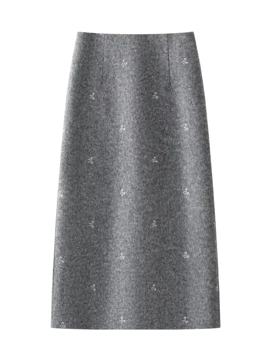 グレーウール Aライン刺繍フラワーハーフスカート【秋冬向け】