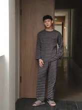 男性用 睡眠着【純綿・薄手・長袖・カジュアルなストライプ・家でも外出もOK】（セットアップ対応）