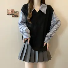 ルーズフィット ニットストライプシャツ【秋用・短丈・大きいサイズ・二重デザイン】（セットアップ対応）