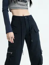 アメリカンスタイルのダークブルー ストレートレッグ ワークパンツ【高ウエスト・ワイドレッグ・フィット】（セットアップ対応）