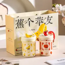 可愛いデザインの陶器製ストロー付きマグカップ【フタ付き・カップル向け・オフィスや家庭用】