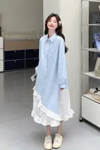 デザイン性の高い不規則なブルーカラーのルーズシャツワンピース【春秋用・優しい印象・レイヤードスタイル】（セットアップ対応）