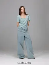 中腰不対称デザインのストレートデニムパンツ【フィット】