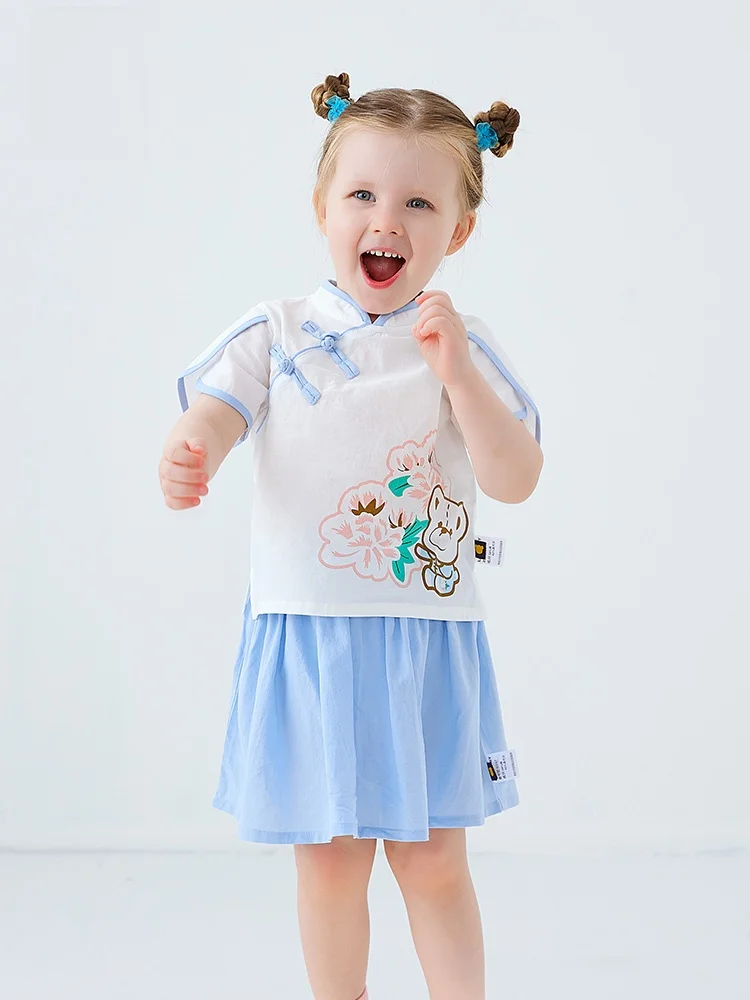 夏用中国風ベビー半袖漢服風スカートセット：女の子向けの民族風セットアップガイド