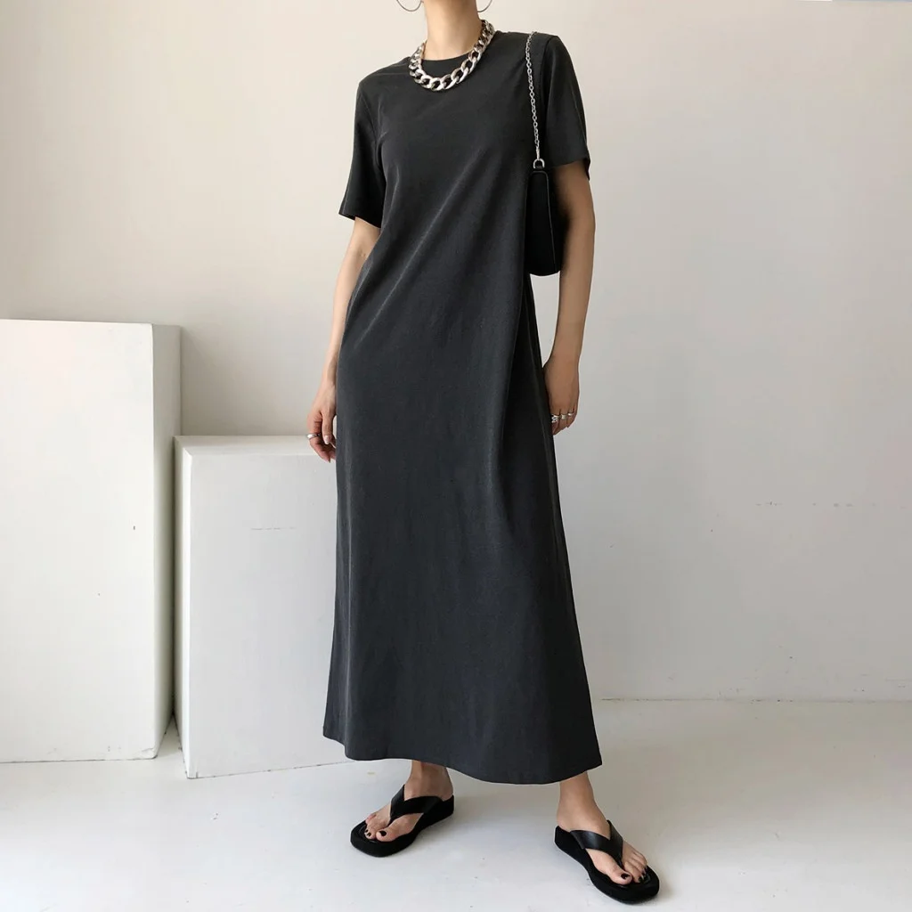 夏用 極上の柔らかさのモーダルコットン長袖Tシャツワンピース【体型カバー・ゆったり・膝下丈】
