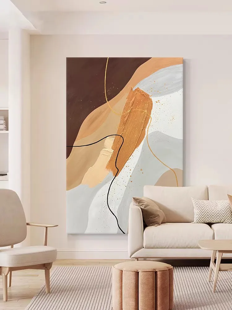 手描き油絵 リビング用和のテイスト装飾画：抽象的テクスチャが空間を現代的かつ落ち着かせる