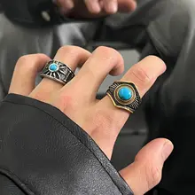 メンズ ヴィンテージブルーターコイズリング【色落ちしない・ハイエンド感・チタン鋼製・ポンクスタイル】