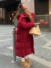 大きいサイズ レディース ロングダウンコート【赤・膝下丈・フード付き・冬用・厚手】