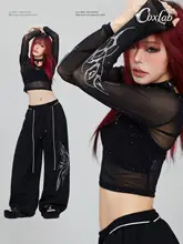 ストリートスタイル ブラックダイヤモンド付き ジャズ風 レディース長袖トップス＆ヒップホップパンツ（セットアップ対応）