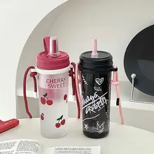 夏用さくらんぼデザインのトライタン製水筒【肩掛け対応・高温耐性・大容量・ストロー付き】