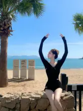 レディース 黒の長袖ワンピース水着【スタイルアップ・サポートバンド付き・温泉用・2点セット】