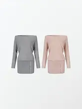 輝く薄手のオフショルダー連衣裙【ボタン付き・斜め肩デザイン・ミディ丈】