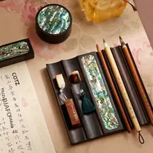 ラズキャット紫檀製書道用具【装飾貝殻付き・印泥盒・筆置き・文房具】（セットアップ対応）