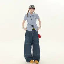 美式復古チェック刺繍入り半袖シャツ【ゆったりシルエット・カジュアル】