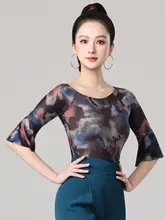モダンダンス用トップス【中袖・ラテン舞・高級プリント・網状素材】
