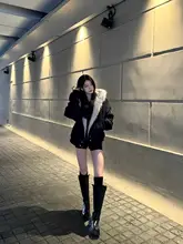 レディース アメリカンヴィンテージ風フード付きコート【ブラック・毛皮付き・冬用・厚手】