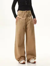 レトロアメリカンデザインのデコンストラクションダブルウエストストレートデニムパンツ【秋冬用・女性・カジュアル・ロング丈】