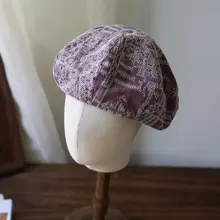 ベレー帽 レディース リネン 刺繍 パープル ヴィンテージ 小顔効果 着回し 春