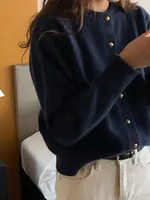 カーディガン レディース 無地 長袖 ネイビー 秋 ゆったり 丸首 ニット アウター