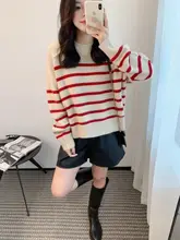 厚手ストライプデザインの100%純山羊毛セーター【ラウンドネック・ゆったりシルエット・女性用】