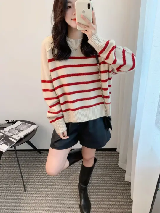 厚手ストライプデザインの100%純山羊毛セーター【ラウンドネック・ゆったりシルエット・女性用】