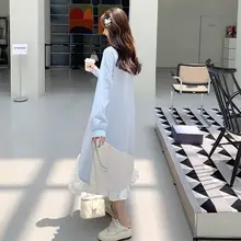 デザイン性の高い不規則なブルーカラーのルーズシャツワンピース【春秋用・優しい印象・レイヤードスタイル】（セットアップ対応）