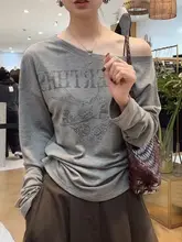 女性用アシンメトリックオフショルダーTシャツ【ロゴプリント・長袖・大きいサイズ】