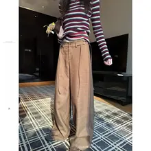 チェック柄レトロルーズフィットロングパンツ【秋用・ハイウエスト・ストリングデザイン】（セットアップ対応）