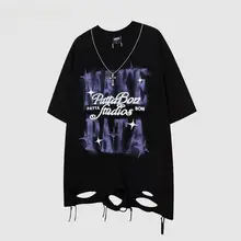 オーバーサイズのラウンドネック半袖Tシャツ【ユニセックス・デザインダメージ・ストリートスタイル】