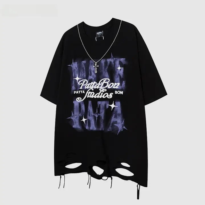 オーバーサイズのラウンドネック半袖Tシャツ【ユニセックス・デザインダメージ・ストリートスタイル】