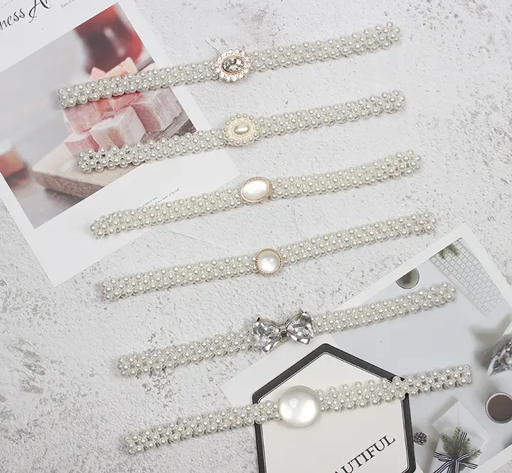 パールと水晶装飾のウエストベルト付きドレス【エラスティック・金具付き】
