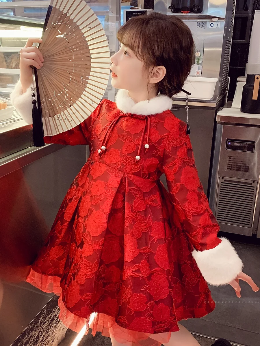 お宮参り 冬 ママ 服装 おすすめ：子供用冬季ワンピース【国風・赤・新年用・プリンセススタイル】
