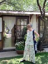 植物プリントのコットンリネン無袖シャツ【夏用・ゆったりワイドパンツ・カジュアル】（セットアップ対応）